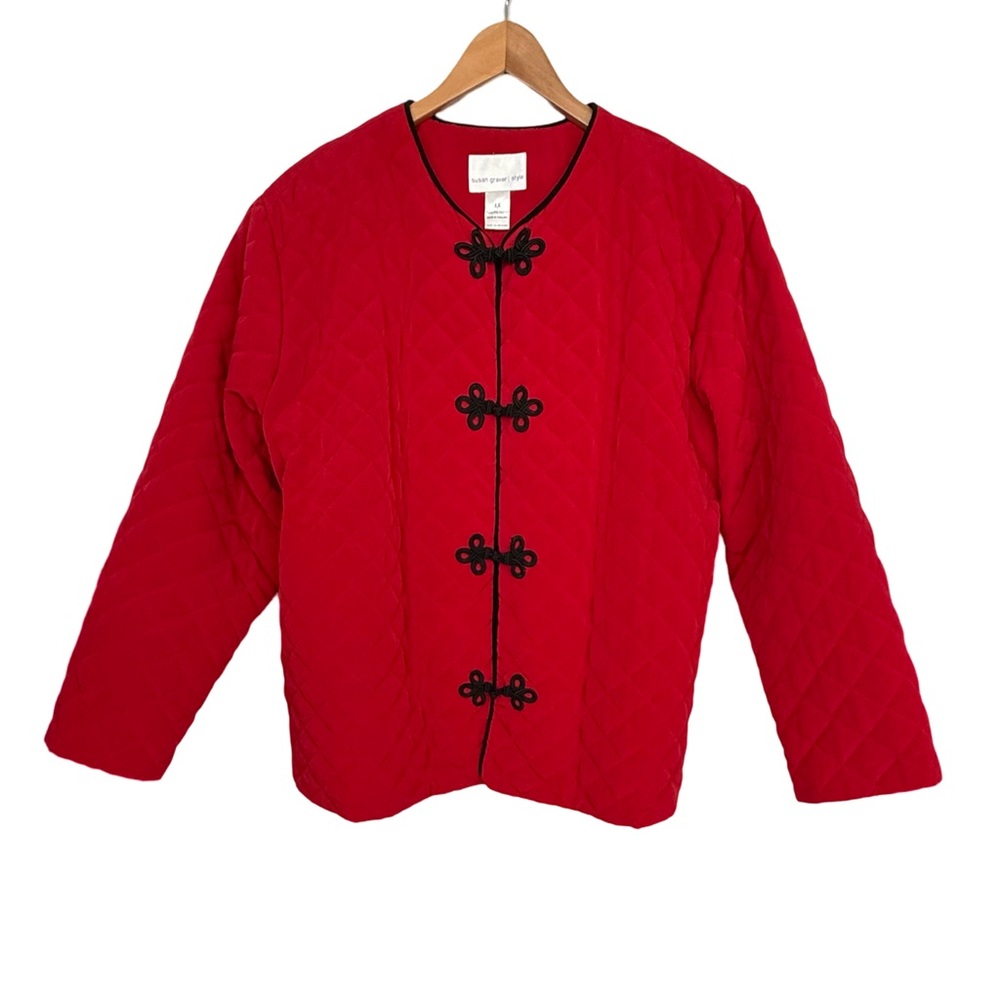 Susan Graver Red Quilted Jacket with Black Trim Size 1X EUC
